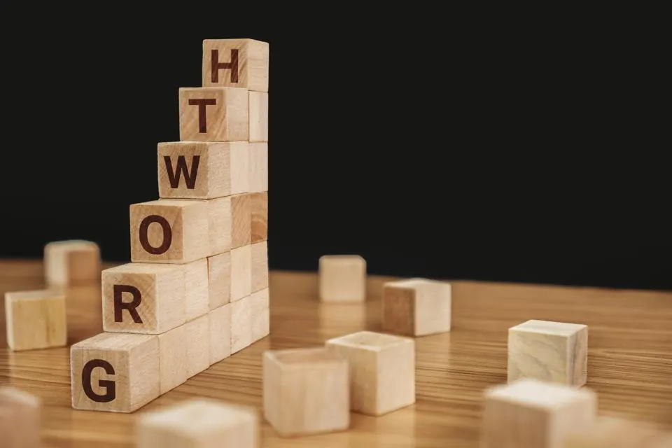wooden blocks that spell out "growth"