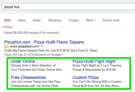 Pizza hut Google search results.