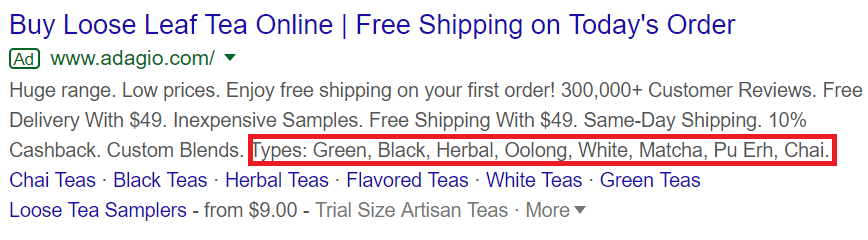 Non-clickable link in a Google Ad campaign with specifications.