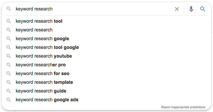 Google autocomplete suggestions for questions related to keyword research.