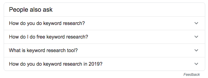 Keyword research search query showing other Google suggested search queries.