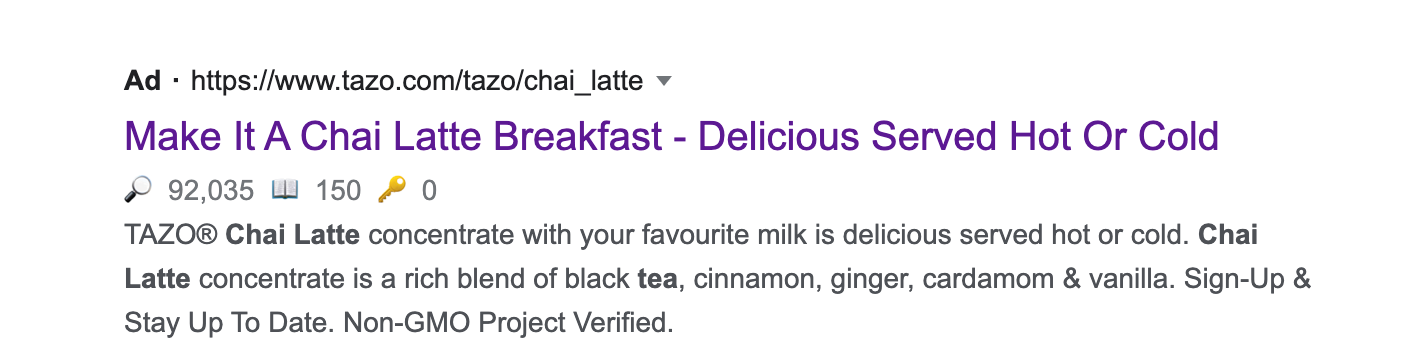 Google web search result for a chai latte.