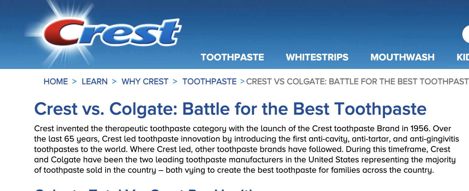 Crest toothpaste comparison with Colgate.