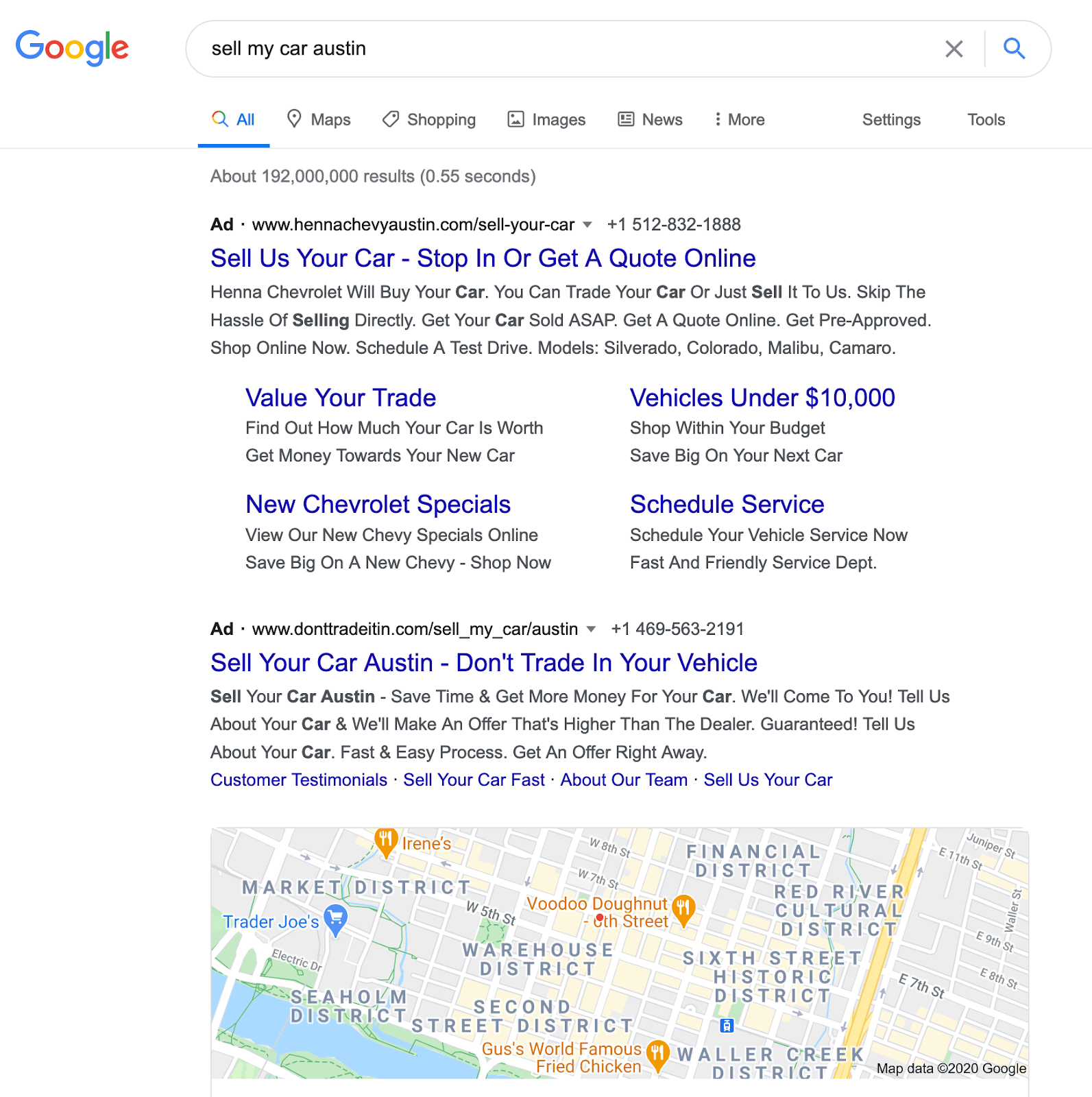 Results generated by Google search of ‘Sell my car Austin’.