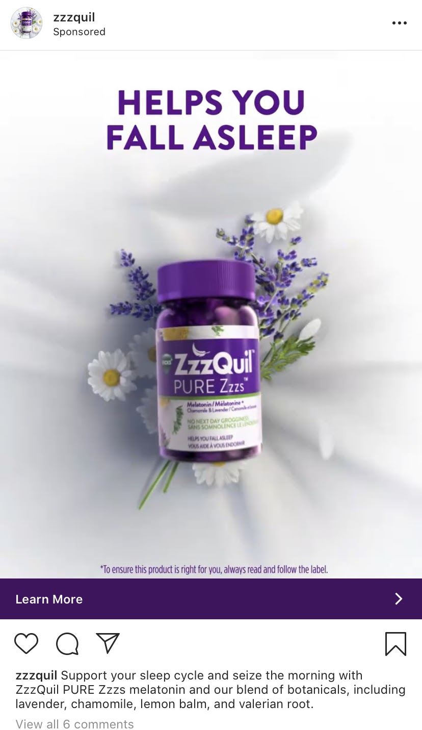 Sponsored Display Ads from Zzzquil targeting people on Instagram.