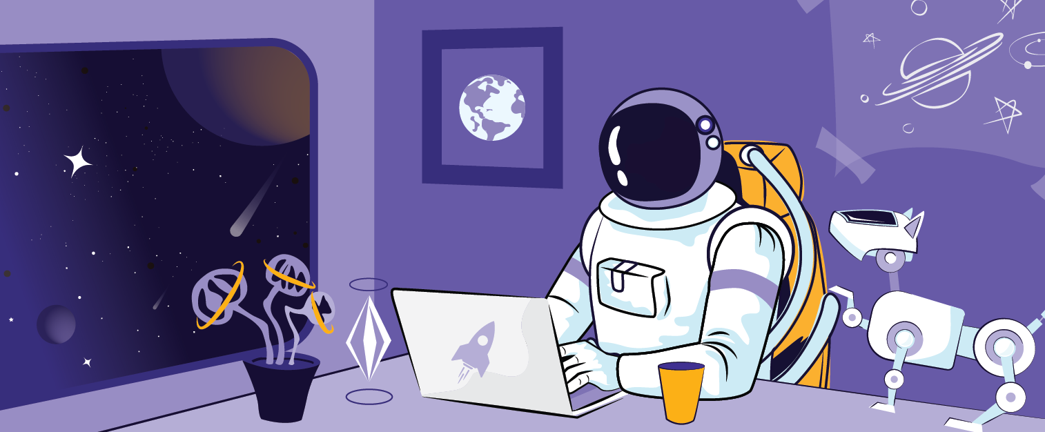 illustration of a blog post: Remote Work Productivity Hacks & Tips: The Galactic Fed Guide