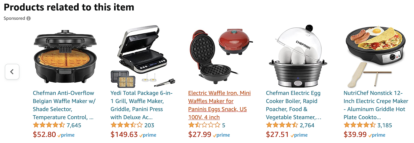 Related products to the selected items are waffle makers, egg-boiler, and crepe makers.